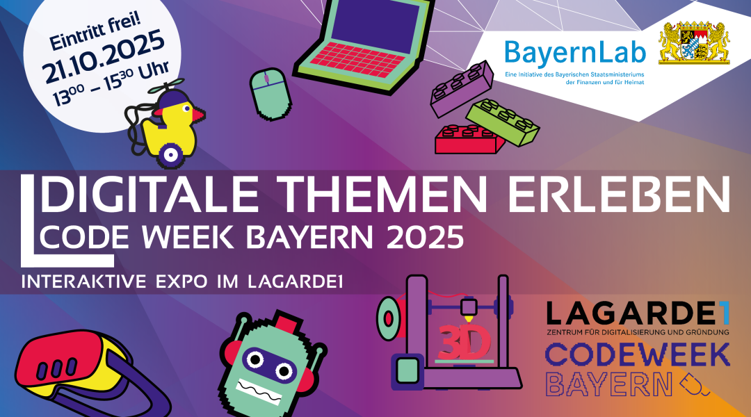 Veranstaltungsgraphik zur Code Week Bayern 2025 - BayernLab Forchheim on Tour. Bunter Hintergrund mit verschiedenen bunten Aufklebern im Codeweek Design, sehr einfach und bunt. Zu sehen ist ein Laptop mit Maus, eine Roboter Ente, ein Hüpfer-Roboter, Lego Steine, ein 3D-Drucker, eine VR-Brille und ein Roboterkopf. In einem Kreis steht der Text 